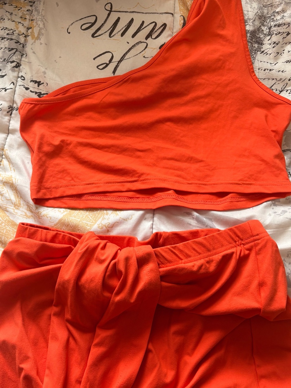 One-Shoulder Crop Top & High-Waist Tie Shorts Set - Bright Orange